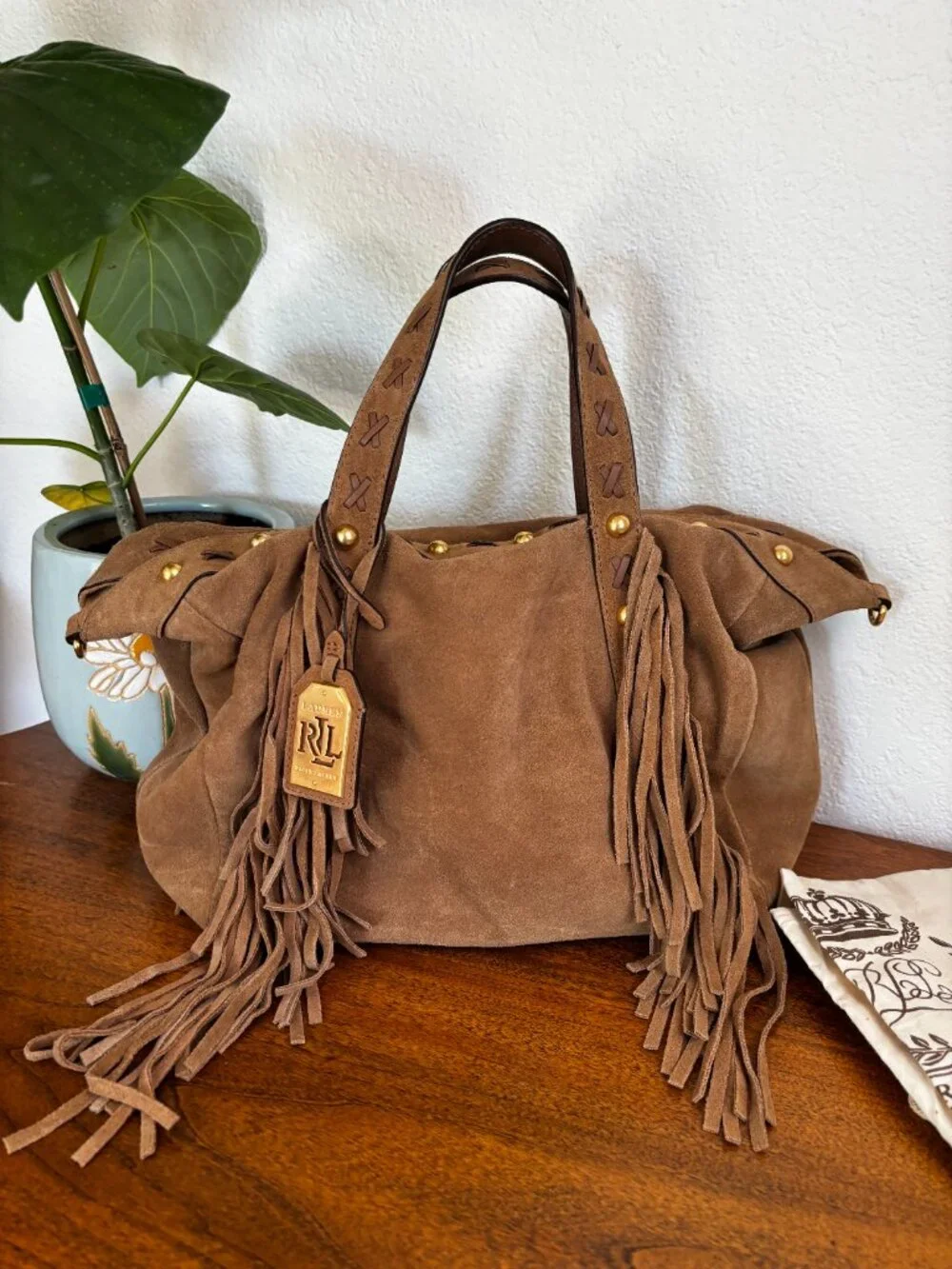 Authentic Lauren Ralph Lauren Brown Suede Fringe Tote Handbag